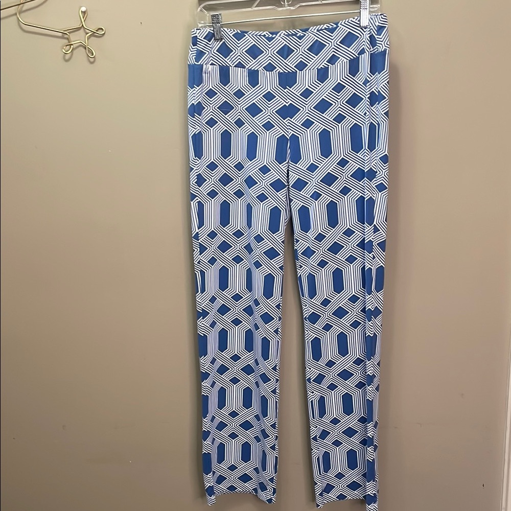 J McLaughlin Blue & White Geometric pull on pants Sz M